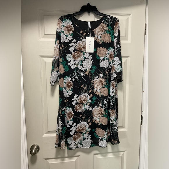 NWT Casual Crewneck Mesh Panel Split See Through 1/2 Sleeve Loose Floral Tunic - Picture 3 of 16